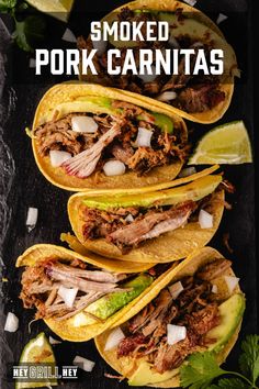 three pork carnitas tacos with limes and cilantro on the side