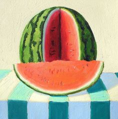 a painting of watermelon on a checkered tablecloth