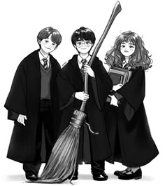 three harry potters with broom and book in their hands, standing next to each other