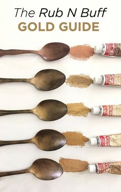 the rub n buff gold guide is shown with six spoons lined up in rows