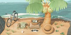 a painting of a beach scene with a bicycle, palm tree and other items on the sand