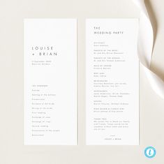 two white wedding programs with the wording on them