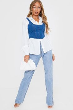 Demin Crop Top Outfit, Corset Tops Over Shirt, Denim Corset Over Shirt, Outfits With Denim Corset, Denim Top With Skirt, Crossett Top Outfit, Corset Top Modest Outfit, Denim Corset With White Shirt, Demin Corset Top Outfit