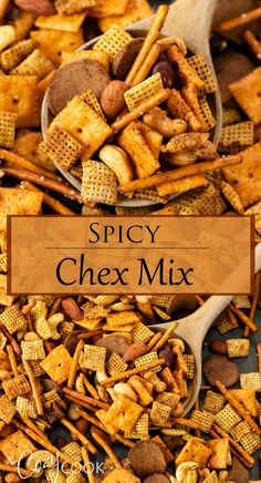 a spoon full of chex mix with the words spicy on it and an image of some