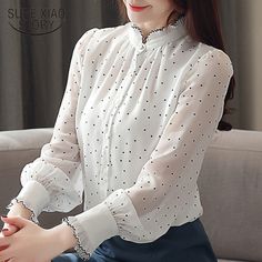 Puff Blouse, White Chiffon Blouse, Blouses Long Sleeve, Women Shirt Top, White Chiffon