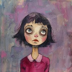 a painting of a girl with black hair and blue eyes, wearing a pink shirt