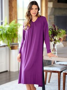 Sleep comfortably in this Women's Nightgown from the Ella Simone sleepwear collection. Made from knit bamboo this colorful nightgown will be your new favorite. Comfortable Long Sleeve Sleep Dresses, Elegant Flowy Sleepwear For Loungewear, Modal Sleepwear For Sleep, Solid Modal Sleepwear, Bamboo Pajamas, Nightgowns For Women, Sleep Comfortably, Raglan Sleeve, Night Gown