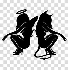 two black and white silhouettes of angels sitting on their knees, facing each other