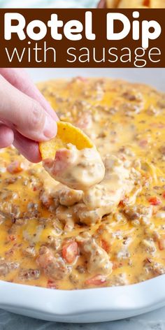 Cheesy dip with corn chip. Velveeta Sausage Dip, Cheesy Rotel Dip, Rotel Dip Crockpot, Dip With Sausage, Rotel Dip With Sausage, Cheesy Sausage Dip, Rotel Cheese Dip, Sausage Dip Recipe, Sausage Cheese Dip