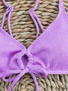 Eromis - Purple V-Neck Bikini Set: Stylish Tie-Front Cut-Out Two-Piece Swimsuit for Women - Swimwear & Clothing Purple V-neck Swimwear For Beach Season, Solid Color Bikinis, Swimsuit For Women, Lace Tie, Blue Swimsuit, Purple Lace, Designer Swimwear, Swimwear Outfit, High Cut