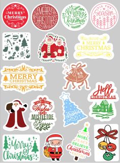 various christmas stickers on a gray background