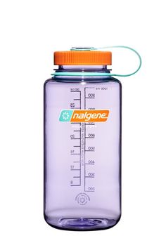 a water bottle with a measuring scale on the front and an orange cap is shown against a white background