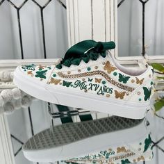 🌸 Step into your special celebration with style and grace, courtesy of our exquisite custom Vans shoes. These sneakers have been artistically transformed to add a touch of elegance to your Sweet Sixteen or Quinceañera party, ensuring you stand out and make a statement on your big day. 🌸 Who says Vans can't be both chic and comfortable? We've redefined the rules! Our shoes are designed for dancing the night away without any discomfort. You can twirl and dance until dawn, feeling the rhythm in e Customizable Lace-up Sneakers For Gift, Customizable Lace-up Sneakers For Gifts, White Personalized Sneakers For Gift, White Personalized Sneakers As Gift, Personalized White Sneakers As Gift, Personalized White Sneakers For Gifts, Custom Low-top Sneakers For Gift, Custom Low-top Sneakers As Gift, Bedazzled Vans