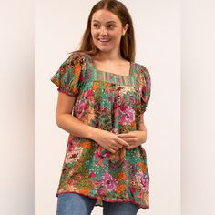 Add A Touch Of The 70s To Your Wardrobe With This Love Kyla Tunic Ellis Blouse. The Blouse Features Beautiful Floral Embroidery And Puff Sleeves That Add A Playful Touch To Your Outfit. The Square Neckline And Pullover Closure Make It Easy To Wear, While The Cupra Rayon Material Ensures A Comfortable Fit. This Blouse Is Perfect For Casual Occasions And Can Be Worn In The Summer, Fall, Or Spring. Available In Size S And Multicolor. Armpit To Armpit 21” Length 28” Nwt Casual Floral Embroidery Square Neck Top, Casual Square Neck Top With Floral Embroidery, Casual Floral Embroidered Square Neck Top, Pink Short Sleeve Embroidered Top For Summer, Feminine Floral Embroidery Peasant Top, Bohemian Cotton Blouse With Square Neck, Casual Embroidered Tops With Square Neck, Casual Embroidered Square Neck Top, Pink Square Neck Blouse For Spring