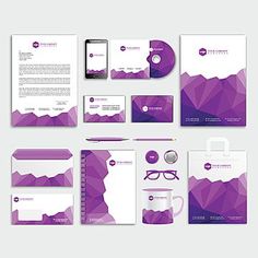 a set of stationery design with purple geometric shapes