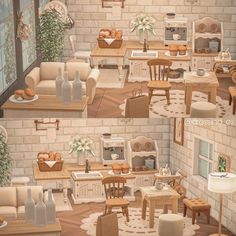 a living room filled with furniture next to a brick wall