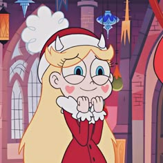 a cartoon character wearing a santa hat and holding his hands together in front of him