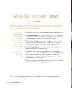 an image of a recipe book for meat - stuffed garlic bread