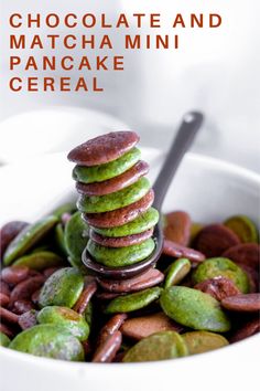 green and red cookies stacked on top of each other in a bowl with text overlay reading new breakfast combo chocolate and matcha mini pancakes