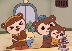 three cartoon bears standing next to each other in front of a sink and faucet