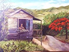 a painting of a woman sitting in the window of a small wooden cabin on a country road