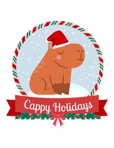 a happy holiday greeting card with a hippo wearing a santa hat