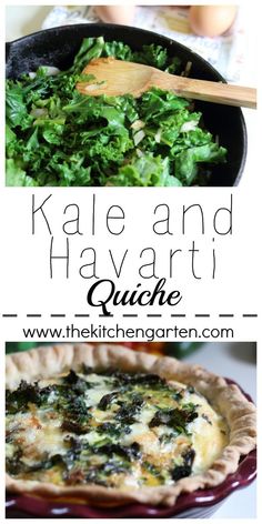 kale and artichoke quiche in a cast iron skillet with text overlay