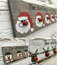 an image of christmas decorations on the side of a wooden sign with santa and snowmen