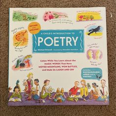 a children's book about poetry on the floor with pictures of people and animals