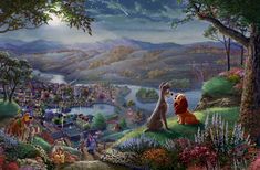 the lady and the tramp painting is shown in front of a mountain landscape with flowers