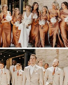 the bride and groomsmids are all dressed in tan suits with white flowers on their bouquets