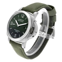 Panerai Luminor Marina Verde Smeraldo Steel Mens Watch PAM01356 Box Card. Automatic self-winding movement. Glucydur? balance, 28,800 alternations/hour. Incabloc? anti-shock device. Power reserve 3 days, two barrels. 200 components. eSteel? cushion case 44mm in diameter. Panerai patented crown protector and green rubberized crown. eSteel? smooth bezel. Scratch resistant sapphire crystal. Green dial with luminous hands and baton hour markers. Luminous Arabic numerals at 6, 9, and 12 o'clock positi Modern Green Automatic Watch, Panerai Quaranta, Panerai Radiomir Black Seal, Cartier Roadster, Panerai Luminor 1950, Panerai Luminor Marina, Luminor Marina, Panerai Luminor, Used Watches