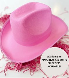 "Going all out with the western theme? Space or disco cowboy? These cowgirl hats will be the perfect addition to your bachelorette or birthday celebration. Priced at just $14/piece, these felt hats come in black, pink, and white colors. We also ship next day! Product provided by Andee's Events LLC. Additional information: Measurements: 15\" x 11\" with a 24\" interior circumference Material: Felt surface. Sturdy. See our FAQ question for additional information. Visit our shop for additional part Pink Short Brim Mini Hats For Country Events, Pink Western Cap Hat, Pink Western Style Cap, Western Style Pink Cap, Pink Short Brim Felt Hat For Country Events, Western Pink Costume Hats And Headpieces For Festival, Pink Felt Hat With Short Brim For Country Events, Pink Western Felt Hat For Country Events, Pink Brimmed Felt Hat For Country Events