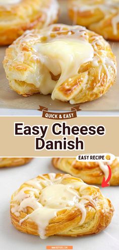 an easy cheese danish recipe is shown with the title in the middle and bottom right corner