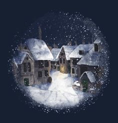 a digital painting of a snowy village with snow falling on the ground and houses in the foreground