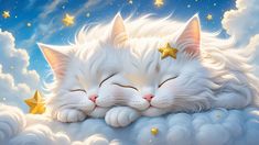 a painting of a white cat sleeping on top of a cloud with stars in the sky