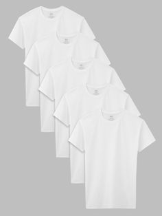 Fruit of the Loom® boys' white crew T-shirts are tag free and made with durable, soft 100% cotton. Our T-shirts offer a classic look for layering under other clothing or wearing alone. Provide him with an extra layer of comfort underneath button downs and tees. These short sleeve T-shirts are designed with longer length to help stay tucked while he is playing, better fitting sleeves for improved range of motion, and a true to size fit that is guaranteed to fit your boy comfortably throughout the day. White Crew Neck, Range Of Motion, Fruit Of The Loom, The Loom, Classic White, Classic Looks, White Undershirt, Loom, Neck T Shirt