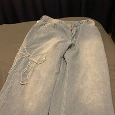 Wide Leg Jeans With Bows Embroidered. Never Worn. Tag Still On Them Bows On Jeans, Boho Bell Bottoms, Flare Jeans Y2k, Dear John Jeans, Bow Jeans, Low Rise Flare Jeans, Flair Jeans, Tiktok Shop, Denim Flare Jeans