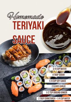 there is a menu with different types of sushi and sauces on it, along with instructions for how to make them