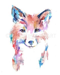 a watercolor painting of a fox's face with blue, pink and orange colors