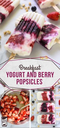 yogurt and berry popsicles with strawberries on them