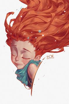 a drawing of a girl with red hair and stars in the sky above her head