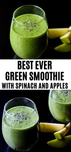 green smoothie with spinach and apples in two glasses on a black background, the top one is half eaten