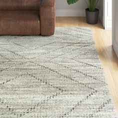 a living room area with a couch, rug and potted plant on the floor