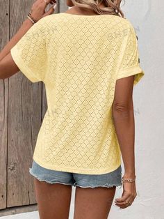 Sleeve Type:Batwing Sleeve \nStyle:Casual \nDetails:Button \nColor:Yellow \nPattern Type:Plain \nNeckline:V neck \nSleeve Length:Short Sleeve \nLength:Regular \nFit Type:Regular Fit \nFabric:Slight Stretch \nMaterial:Knitted Fabric \nComposition:95% Polyester \nComposition:5% Elastane \nCare Instructions:Machine wash or professional dry clean \nSheer:No \n Button Decor, Women T Shirts, Casual T Shirt, Batwing Sleeve, Bat Wings, Casual T Shirts, Sleeve Type, Summer Women, Knitted Fabric