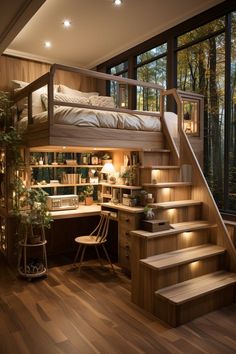 there is a loft bed in the middle of this room with stairs leading up to it