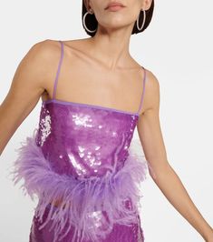 Feather Trimmed Sequined Crop Top in Purple - Giuseppe Di Morabito | Mytheresa Sequin Spaghetti Strap Crop Top For Night Out, Glamorous Sequined Crop Top, Evening Crop Top With Sequins And Spaghetti Straps, Glamorous Sequin Fabric For Summer Costume Party, Glamorous Evening Crop Top With Contrast Sequin, Spring Sequined Spaghetti Strap Crop Top, Glamorous Sequined Evening Crop Top, Cropped Dress For Spring Party, Outfits Purple