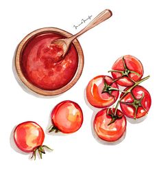 watercolor painting of tomatoes and sauce in a bowl on a white background with writing