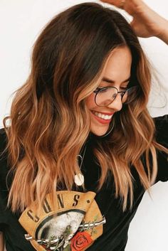 Trendy Hair Color Ideas For Brunettes, Dark Brown To Auburn Balayage, Caramel Hair With Dark Roots, Fall Hair Bayalage, 2023 Ombre Hair, Brunette With Auburn Highlights Caramel, Brunette With Copper Highlights Caramel, Balayage Hair Warm Tones, Copper Brown Balayage With Money Piece