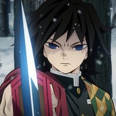 an anime character with black hair and blue eyes holding two swords in front of him